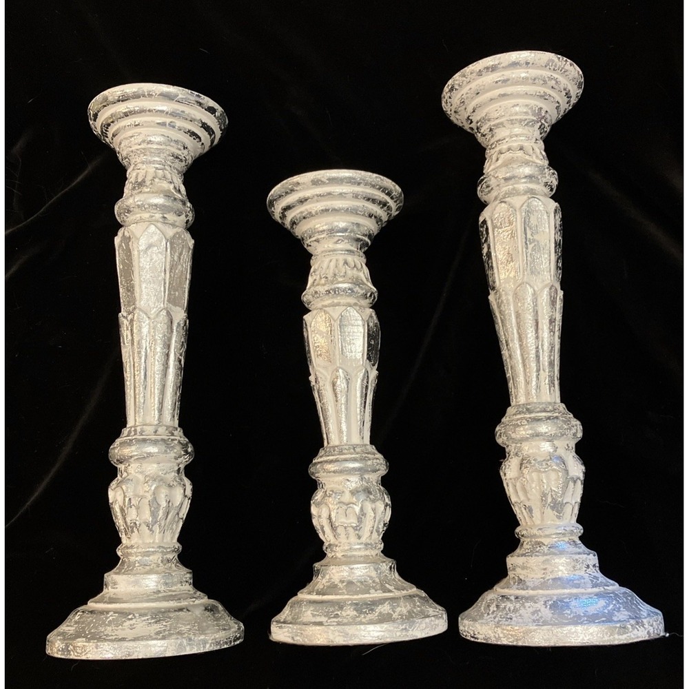 Distressed Silver Faux Mercury Mirror Resin Tall Candle Holder Candlestick Set 3